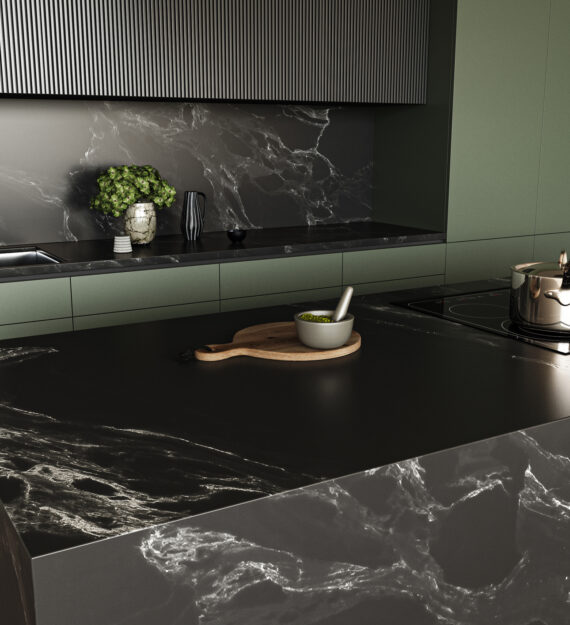 Top close up view on dark green kitchen room interior with cupboard, double sink and marble island. Concept of minimalist design. Place for cooking. 3d rendering. High quality 3d illustration Top close up view on dark green kitchen room interior with cupboard, double sink and marble island. Concept of minimalist design. Place for cooking. 3d rendering. High quality 3d illustration.