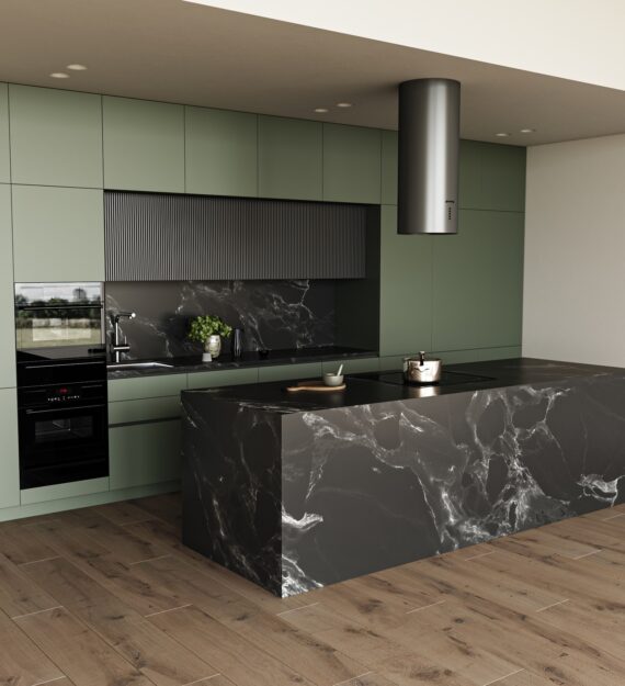 Interior of spacious modern green kitchen with light beige walls. Dark brown wooden floor and black marble Island in background. 3d rendering. High quality 3d illustration Interior of spacious modern green kitchen with light beige walls. Dark brown wooden floor and black marble Island in background. 3d rendering. High quality 3d illustration.